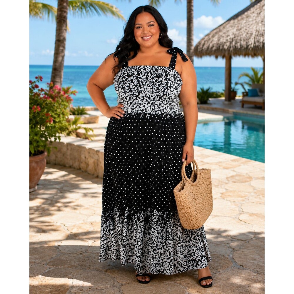 Zenobia Rayon Challis Black White Floral Polka Dot Smocked Maxi Dress Plus 3X